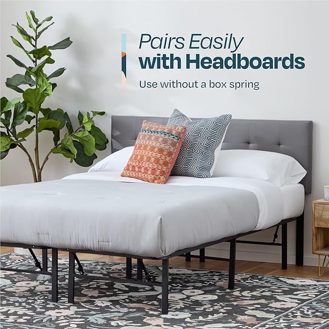 Linenspa 8” Memory Foam and Innerspring Hybrid Mattress + 14” Black Metal Platform Bedframe – Queen Mattress + Metal Folding Queen Bedframe