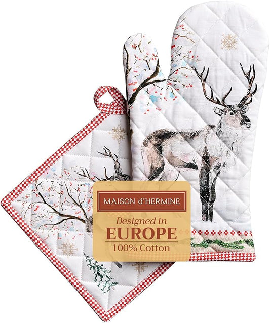 Maison d' Hermine 100% Cotton Oven Mitt & Pot Holder Set (7.5"x13" & 8"x8") Heat Resistant BBQ Cooking Gloves with Loop for Thanksgiving Christmas Decorations Handling Hot Pans (Rural Christmas)
