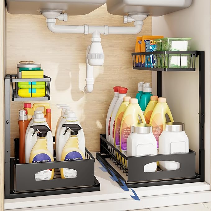 Under Sink Organizer , 2 Pack Height Adjustable Cabinet Organizer with Slide Out Drawer, Pull Out Under Sink Storage, Multi-Purpose 2 Tier Sink Shelves for Kitchen Bathroom Pantry (Black, 2 Pack)