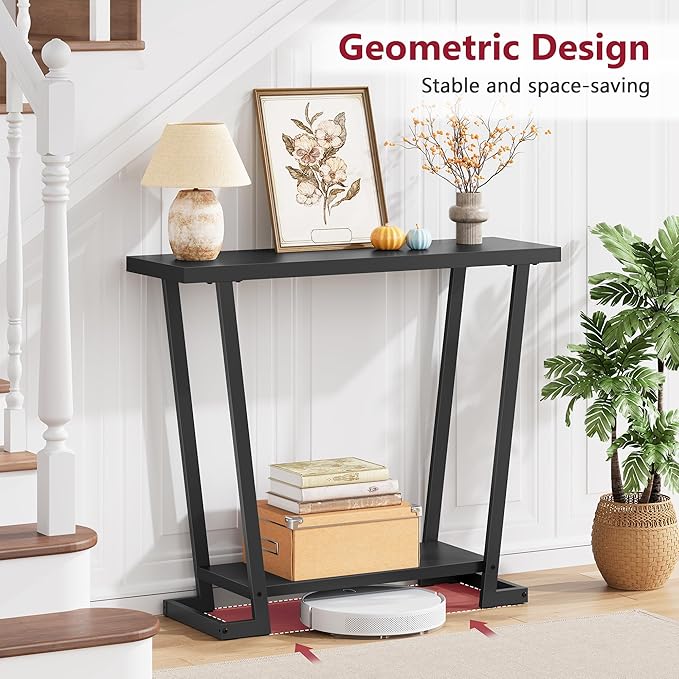Tajsoon Console Table 31.5" Rustic, 2 Tier Industrial Entryway Table with Storage Shelf, Narrow Sofa Table with Geometric Frame, Small Hallway Table for Living Room, Foyer, Entrace, Black