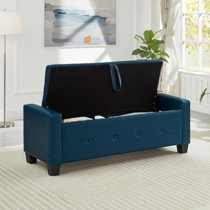 48" Faux Leather Ottoman with Storage, Tufted Storage Ottoman Bench with Safety Hinge, Rectangular Extra Long Bench for Bedroom, Living Room, Entryway and Window, Blue