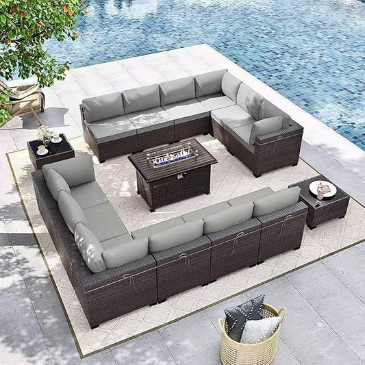 Gotland 15 Pieces Patio Furniture Set with Fire Pit Table, All Weather Rattan Outdoor Furniture with 29.5'' High Backrest 4’’ Thick Cushions Coffee Table, Patio Set for Porch, Deck, Backyard, Gray