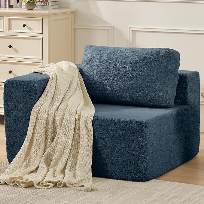 40" Single Sofa for Adults, Upholstered Floor Sofa Couch with Pillow, Teddy Boucle Sofa for Bedroom Living Room, No Assembly Required (Teddy Boucle, Blue)