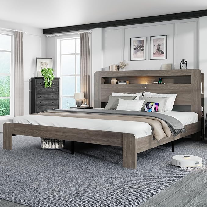 King Size Wooden Bed Frame with Bookcace Storage Headboard, Rustic Farmhouse Bedframe with LED Lights and Charging Station, Sturdy and Stable, Slat Support, No Box Spring Required (Light Brown, King)