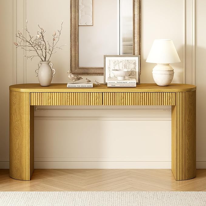 58.2-Inch Console Table with Dual Drawers, Pine Veneer, Natural Wood Grain, Striped Design, Arched Legs, Adjustable Feet for Living Room, Hallway, Foyer