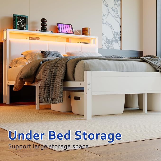 Queen Bed Frame with Headboard Storage,Upholstered Platform Bed Frame Queen Size with Charging Station and LED Lights No Box Spring Needed,Heavy Duty Steel Slats,Noise Free,White