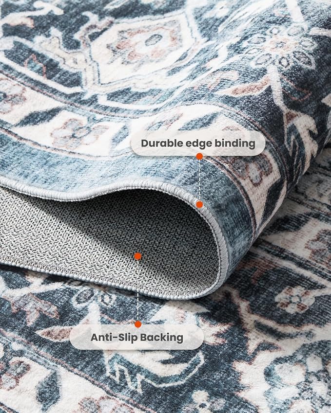 AMADA HOMEFURNISHING 5ft Round Area Rug, Low-Profile Washable 5x5 Rugs with Non-Slip Backing & Durable Edge Binding, Vintage Rug for Kitchen, Bedroom & Hallway, Blue