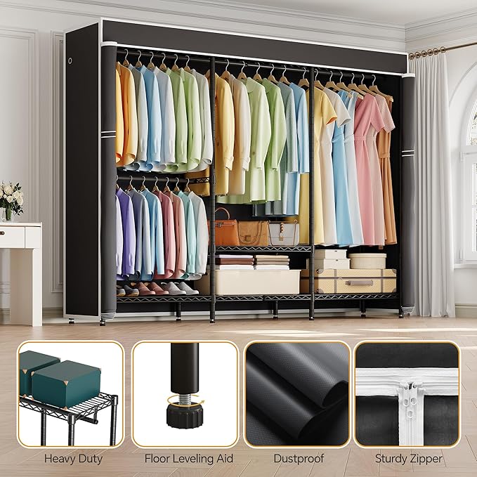 H8 Garment Rack with Cover, Portable Closet for Hanging Clothes, Heavy Duty Clothes Rack Wardrobe Closet Organizer and Storage, Black Clothing Rack Shelf with Black Fabric Cover
