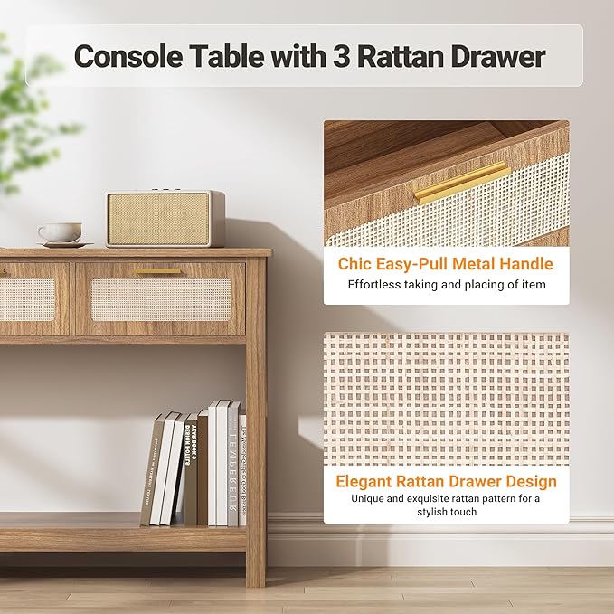 ELYKEN 51.2" Entryway Table with 3 Rattan Drawers, Boho Console Table Narrow with Storage, Long Sofa Table for Behind Couch Entry Hallway, Entrance, Living Room, Oak Brown