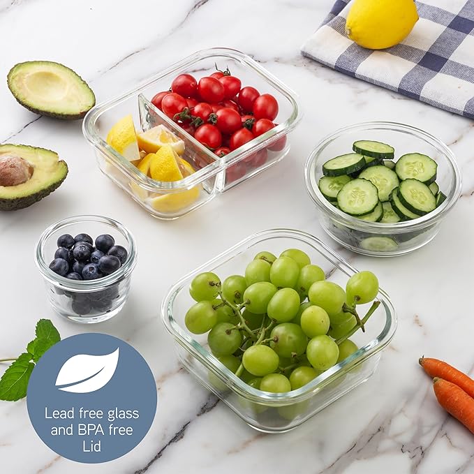 COOK WITH COLOR Premium 32-Pc. Borosilicate Glass Food Container Set with Dividers - 4 Rectangles, 8 Rounds, 4 Squares - Leakproof Lids - Meal Prep, Storage, Ombre Blue