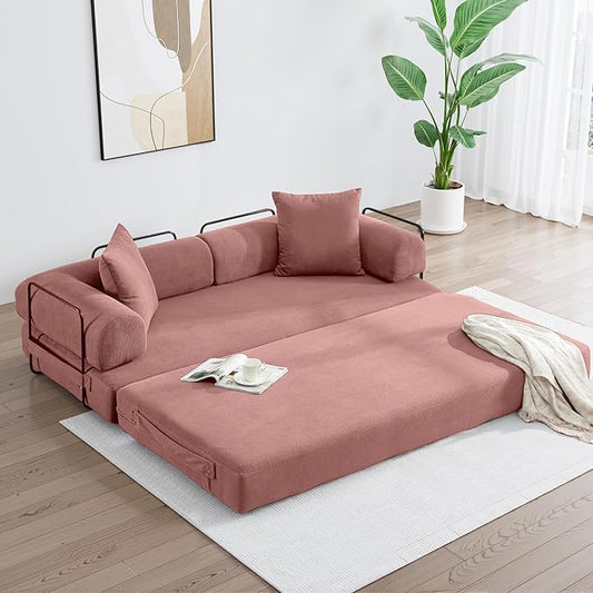 Convertible Sleeper Sofa Bed with Cylindrical Pillow, Corduroy Folding Boneless Couch with Fixed-Shape Frame, Floor Sofa Lounge Couch for Living Room Bedroom Lounge Studio-Pink