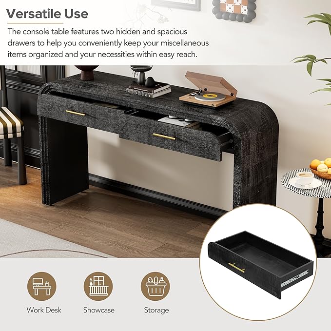 GDFStudio 59" Retro Console Table with Drawers, Narrow Entryway Cabinet Sofa Table with Fluted Details & Distressed Finish, Wood Sideboard Buffet Tables for Living Room Dining Room, Antique Black-1