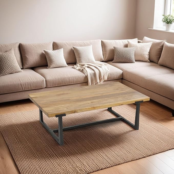 The Urban Port Marlon 48" Coffee Table | Handmade Aluminum Cast Frame | Natural Solid Mango Wood Top, Black and Brown