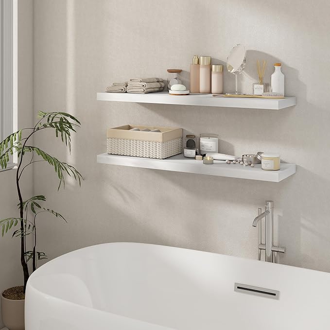 Fun Memories 40 Inch Floating Shelves Set of 2, 8 Inch Deep Wall Shelf, Rustic Wood Storage Shelves for Bedroom, Kitchen, Bathroom, Wall-Mounted Shelf with Invisible Brackets for Books|Storage, White