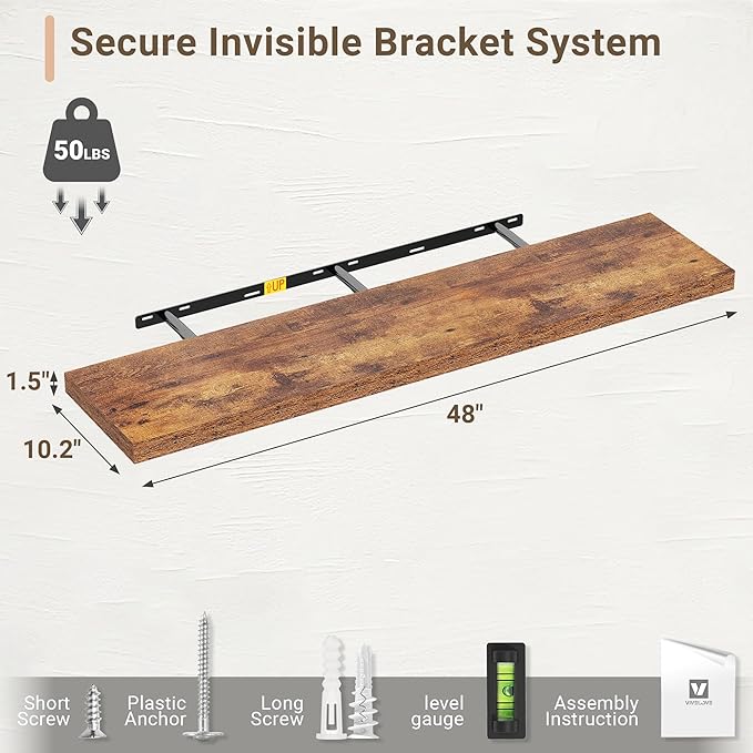 Vivelove 10 Inch Deep Floating Shelves 48 inch Long, 48 x 10 Wide Wall Shelves with Invisible Brackets, for Bedroom Bathroom Living Room Kitchen Office, Farmhouse Home Decor, Set of 2, Rustic Brown