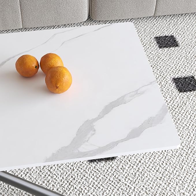 White Marble Coffee Table,Rectangle Modern Table with Sintered Stone Top and Black Metal Legs, 40 Inch Center Table for Living Room Apartment