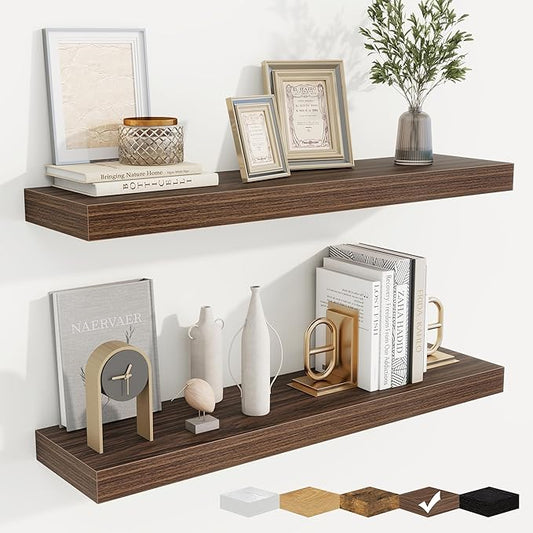 fuqing Floating Shelves for Wall, Wall Mounted Wood Floating Shelf with Invisible Brackets for Living Room, Bathroom, Bedroom, Kitchen Storage and Decor, 32 Inch Set of 2, Walnut