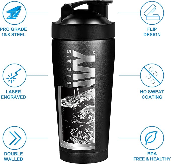 Military Gift Shop 24oz Navy Insulated Shaker Bottle with Engraved Logo–24oz Water Bottle–Cup for Protein Shakes | (Navy) Shaker