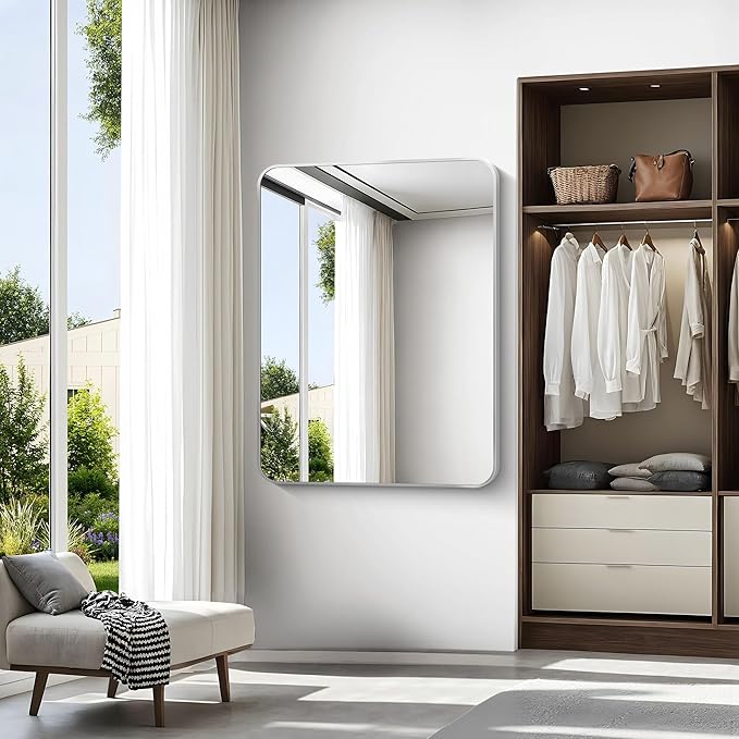 Silver Bathroom Mirror,36x48 inch Wall Mirror for Bathroom Wall Mounted,Rectangle Mirror for Bathroom Over Sink,Modern Frame Round Corner for Living Room,Bedroom Entryway,Horizontal/Vertical