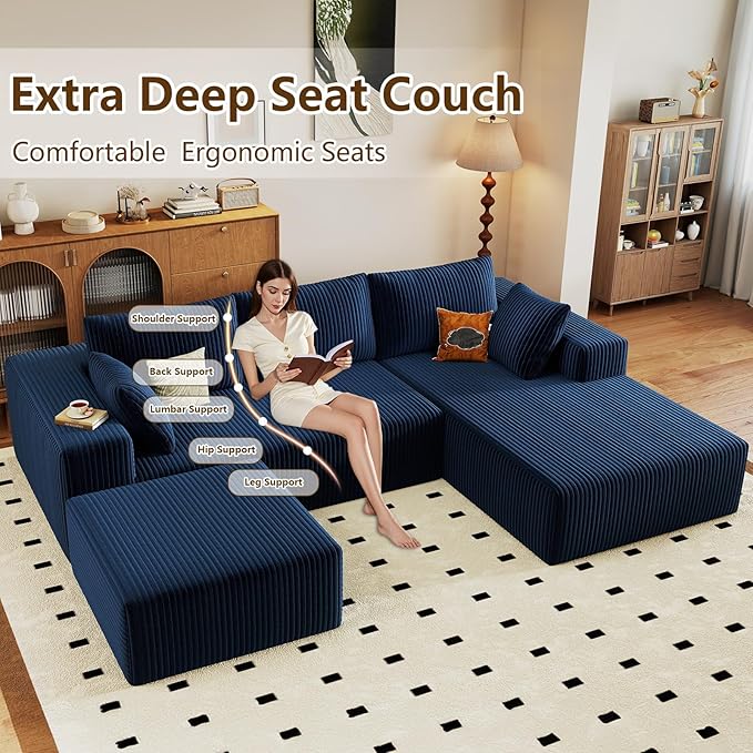 96" U-Shape Cloud Couch, Modern Modular Sectional L-Shape Sofa with Ottoman, Corduroy Upholstered Couches Deep Seat Sleeper Chaise Longue for Living Room, No Assembly Required(Blue, Right Facing)
