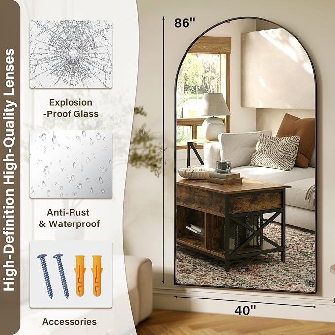 86"x40" Arched Full Length Mirror Floor Mirrors with Aluminum Alloy Frame Free-Standing Wall Mounted Floor Mirrors or Large Dressing Mirror, Black Mirror Full Length