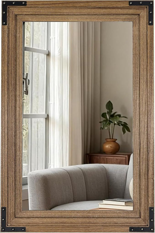 Full Length Mirror 30"x20" Solid Wood Frame Floor Standing Mirror, Hanging or Leaning Wall-Mounted for Living Room, Bedroom, Oak Color