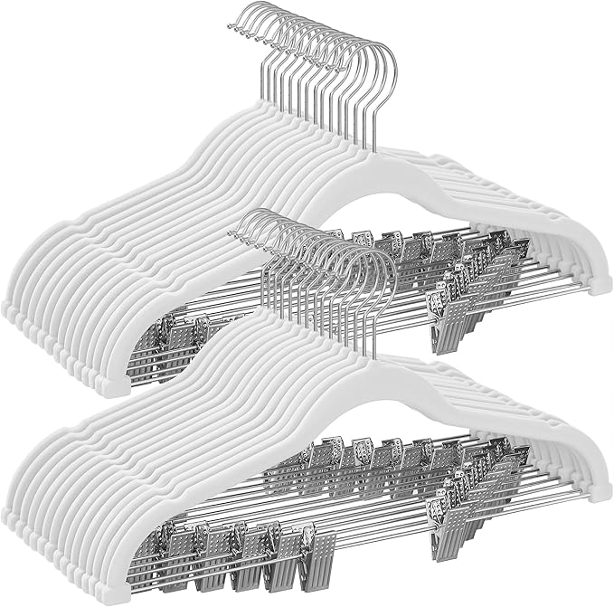 SONGMICS 30-Pack Pants Hangers, 16.7-Inch Long Velvet Hanger with Adjustable Clips, Heavy-Duty, Non-Slip Skirt Hangers, Space-Saving for Pants, Skirts, Coats, Dresses, White UCRF012W02