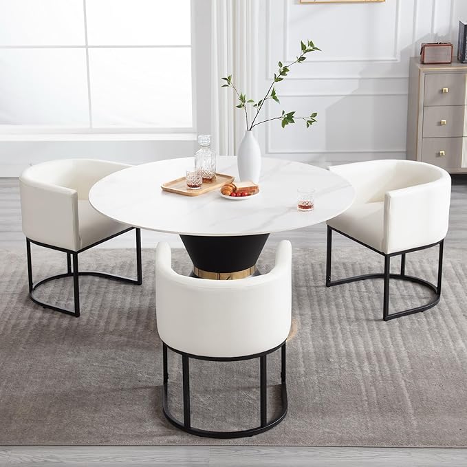 Faux Leather Dining Chairs Set of 3 Modern Barrel Arm Chairs with Black Metal Frame, Upholstered Kitchen Chairs 18.5" Wide Accent Chairs for Living Room Dining Room Restaurant, White