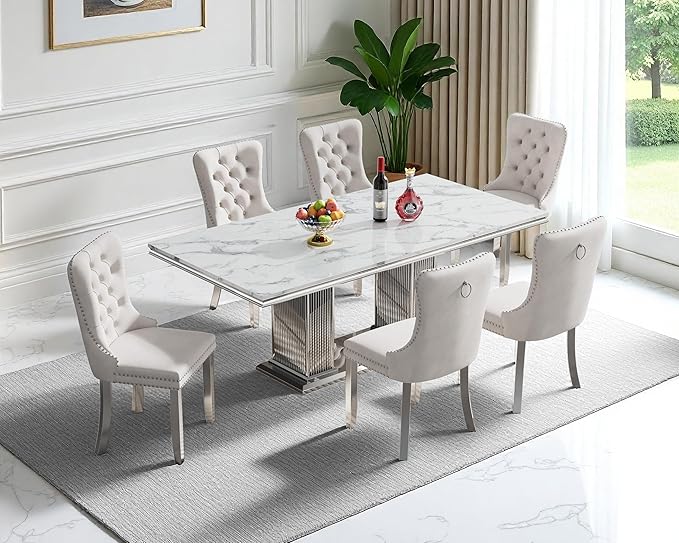 68" Faux Marble Dining Table Set for 6, 7-Piece Dining Set with White Silver Kitchen Table and 6 Velvet Tufted Chairs, Modern Rectangular Dining Room Tables with Column-Shape Stainless Steel Base
