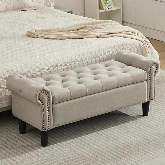Storage Bench, 50" Queen End of Bed Bench, Linen Tufted Button Upholstered Bedroom Bench, Storage Ottoman with Rolled Arms, Window Bench with Storage, for Living Room, Entryway Light Brown