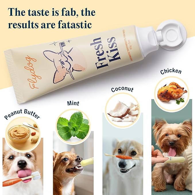 FlyDog Fresh Kiss Dog Tooth Brushing Kit - Vet Approved Formula, Enzymatic Dog Toothpaste and Brush - Breath Freshener & Tartar Remover, 360° Toothbrush & Finger Brush, Dental Guide, Mint Flavor