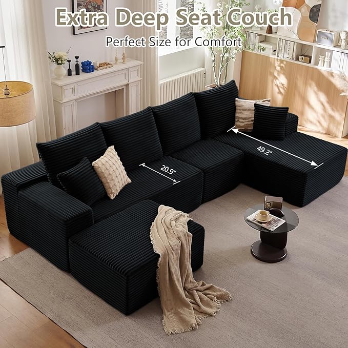 135" U-Shape Cloud Couch, Modern Modular Sectional Comfy L-Shape Sofa with Ottoman, Deep Seat, Upholstered Corduroy Sleeper Chaise Longue for Living Room Bedroom, No Assembly Required, Black