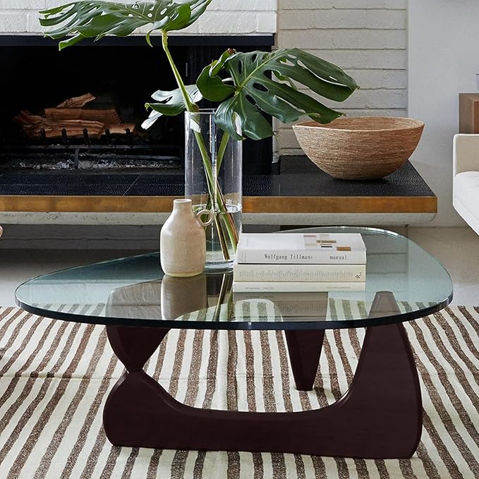 Noguchi Table Triangle Glass Coffee Table Vintage Glass End Table, Solid Wood Base and Triangle Clear Glass Top Modern End Table for Living Room, Patio, Study, Dark Walnut