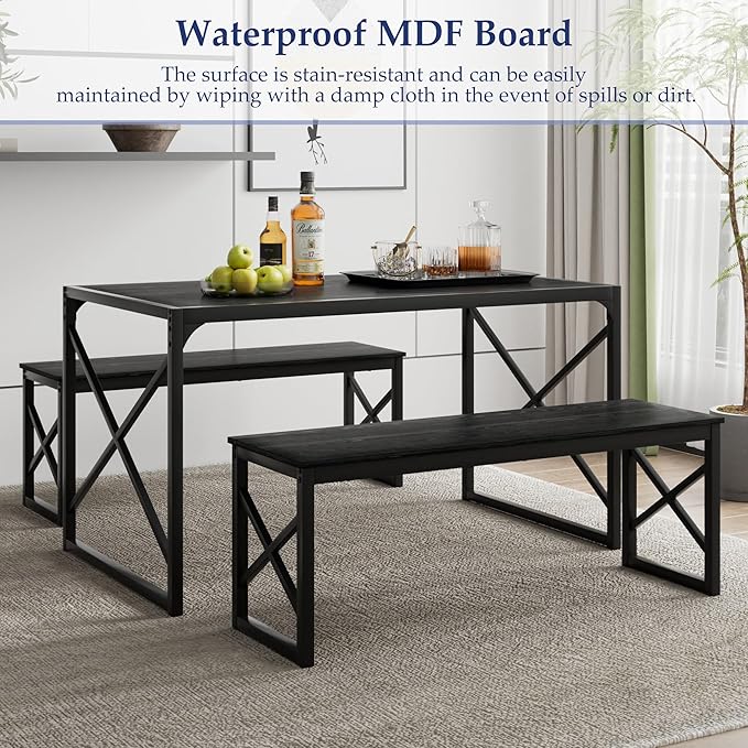 VECELO Kitchen Dining Table Benches Set for 4, 55" Wooden Dinette with 2 Benches, Heavy-Duty Dining Room Table for Small Space, Breakfast Nook, Black