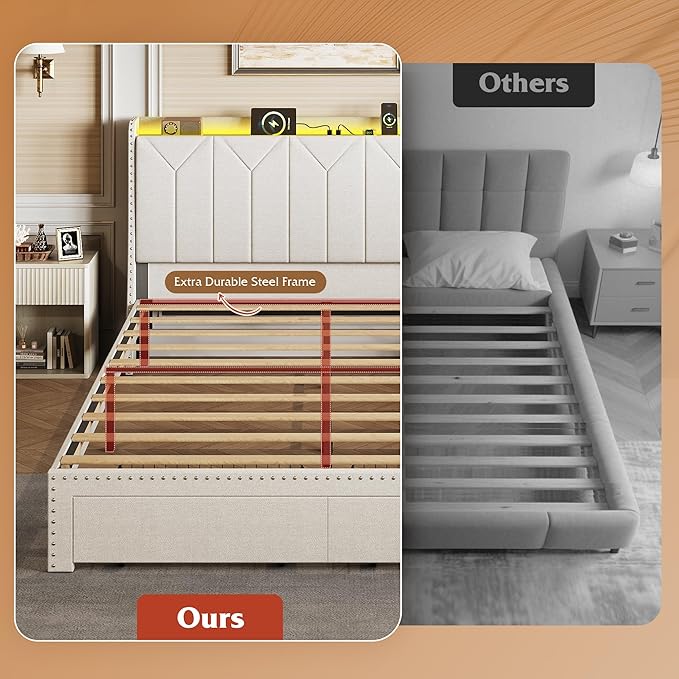 WLIVE Queen Size Upholstered Bed Frame with 2 Drawers, Linen Tufted Storage Headboard with Charging Ports and LED Light, Sturdy Metal & Wooden Slats Support, No Box Spring Needed, Beige