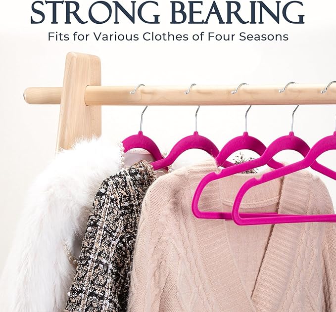 HOUSE DAY Rosy Red Velvet Hangers 60 Pack, Non Slip Clothes Felt Hanger Heavy Duty for Coat, Premium Slim Space Saving Suit Hangers for Closet Organizer, 360° Rotating Silver Hook