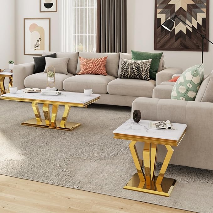 Living Room Table Set, 2-Piece Table Set Includes Coffee Table & End Tables, White and Gold Table Set for Home Apartment Office