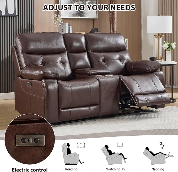 CANMOV Genuine Leather Power Recliner Loveseat, 2 Seat Loveseat Reclining Sofa with Storage Console,Hidden Cup Holders,Modern Electric Recliner Couch Set for Living Room, Bedroom,Dark Brown