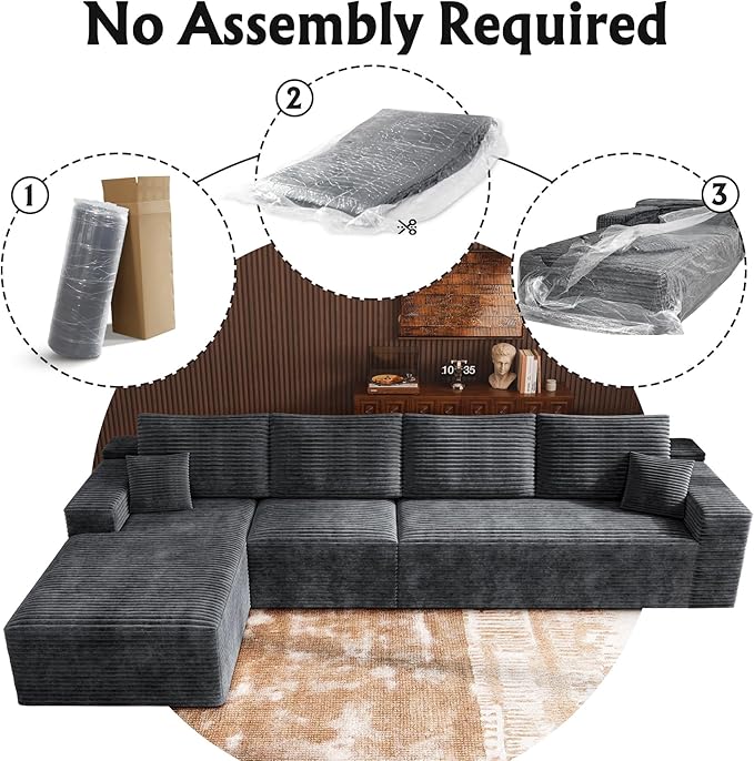 3-Piece Boneless Modular Sectional Sofa, Cloud Couch with Left Facing Chaise, Oversized Deep Seat, Soft Corduroy Fabric, Sectional Couch for Living Room-Grey