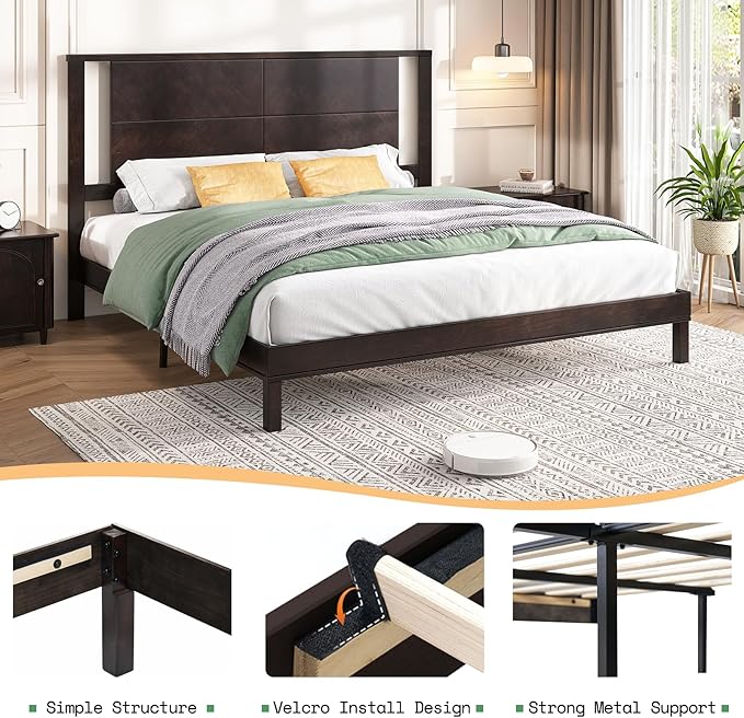 AMERLIFE Solid Wood Queen Size Bed Frame with Headboard, Rustic Style Platform Bed Frame with Under-Bed Storage, No Box Spring Needed, Noise Free, Easy Assembly, Dark Brown