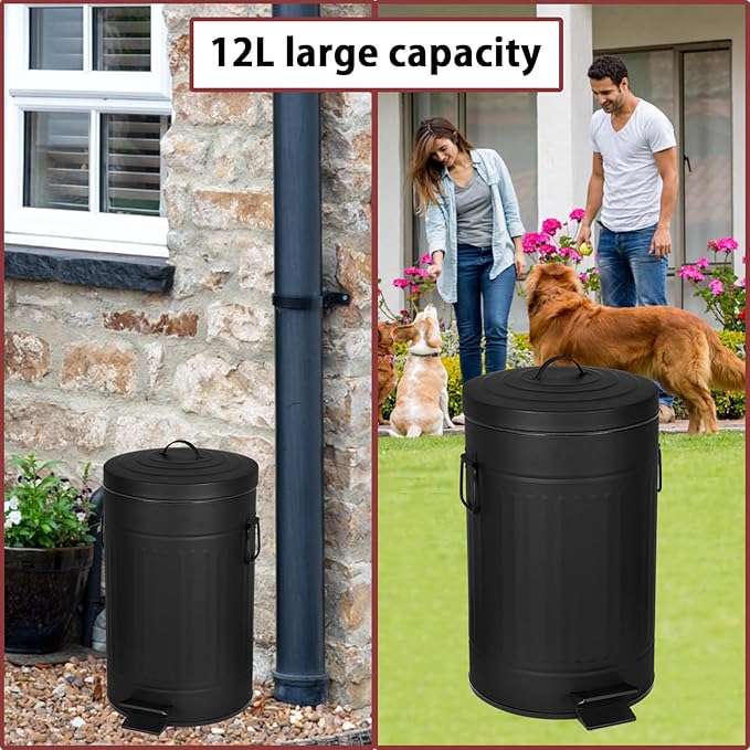 Dog Poop Trash Can with Lid for Outdoors，3.2 Gallon Trash Can with Activated Carbon Filter & Plastic Bags, Pet Waste Container，UP12L-BK-Y+90BK-New