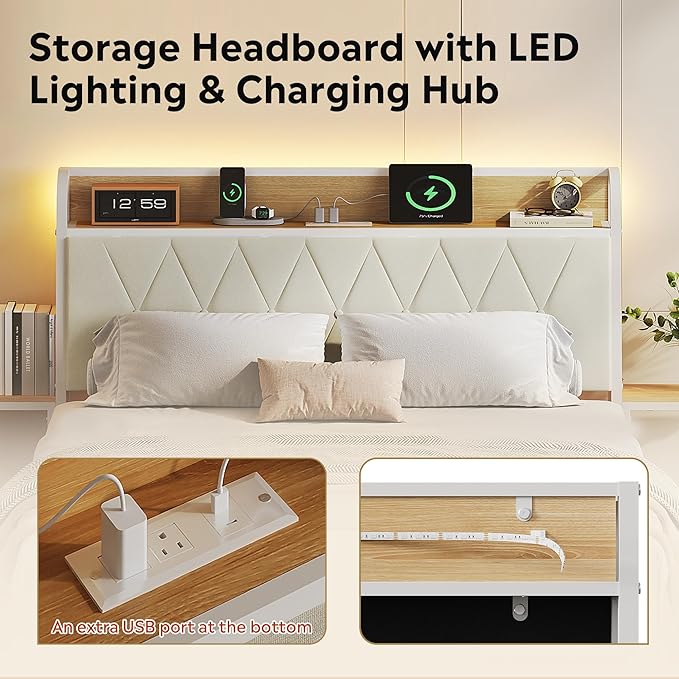 WLIVE Full Size Upholstered Bed Frame with 2 Side Shelves, Linen Tufted Storage Headboard with Charging Ports and LED Light, Metal Solid and Stable, No Box Spring Needed, Easy Assembly, Beige