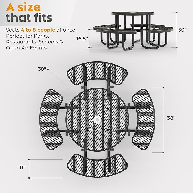 Metal Picnic Tables for Outdoors with Umbrella Hole - Coated Steel Heavy Duty Commercial Grade Furniture Set with Adjustable Seats (Black, 38 in, Round, Expanded Steel)