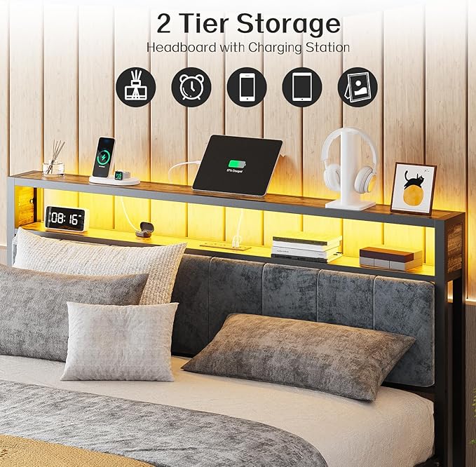 OLEVS Queen Bed Frame Metal Platform Bed Queen Size with 2-Tier Storage & LED Light Headboard, Charging Station Type C, No Box Spring Needed