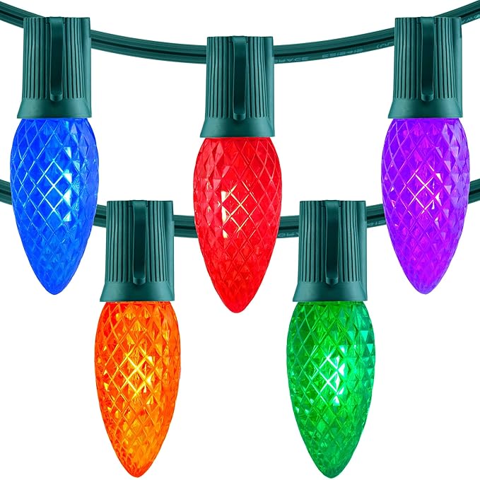 YULETIME Multicolor C9 LED Christmas Lights, 25 Feet 25 Count 12" Spacing Faceted Strawberry Bulbs UL Certified Outdoor String Light Set (Multicolor)