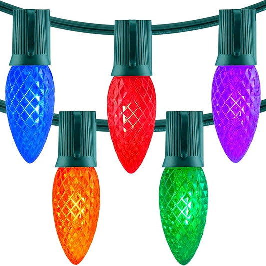 YULETIME Multicolor C9 LED Christmas Lights, 25 Feet 25 Count 12" Spacing Faceted Strawberry Bulbs UL Certified Outdoor String Light Set (Multicolor)