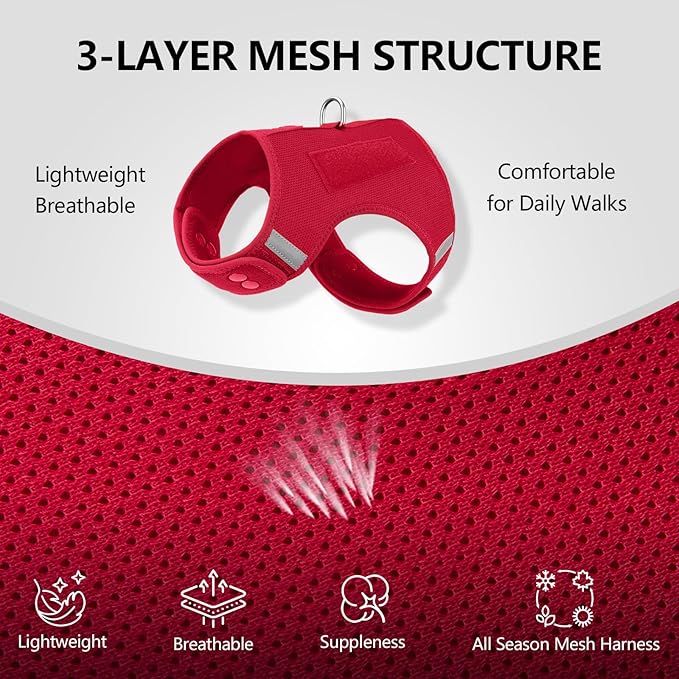 Dog Harness for Puppy – Adjustable Reflective Easy Put On Soft Mesh Vest for Small Dogs with 2 Patches (Burgundy Red,M)
