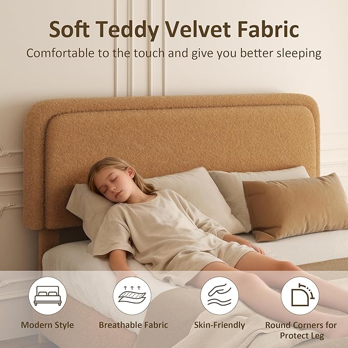 King Bed Frame, Teddy Velvet Boucle Bed Frame with 43.3"/45.3" Adjustable Upholstered Headboard, Rounded Corners, Mattress Foundation, No Box Spring Required, Brown