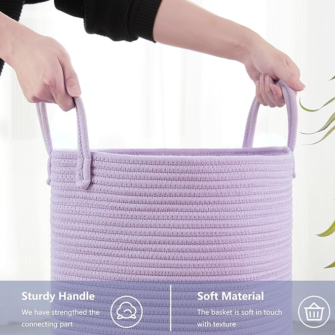 62L Large Purple Hamper Laundry Basket for Nursery Kids Tall Lavender Blanket Basket for Girls Cotton Rope Lilac Clothes Hamper in Bedroom