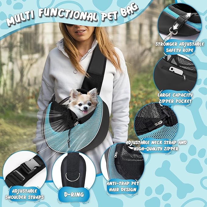 Upgraded Breathable Mesh Dog Sling Carrier for Small Dogs & Cats Up to 10 lbs- Detachable Hard Bottom, Adjustable Strap & Large Pocket - Hands-Free Pet Carrier for Travel Walking Hiking (Cyan Size M)